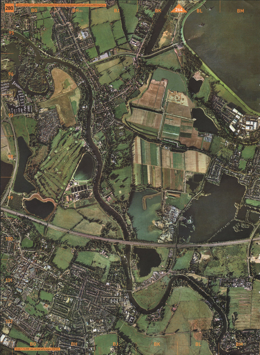 CHERTSEY.Queen Mary Reservoir Laleham Shepperton Studios Golf Course M3 2000 map
