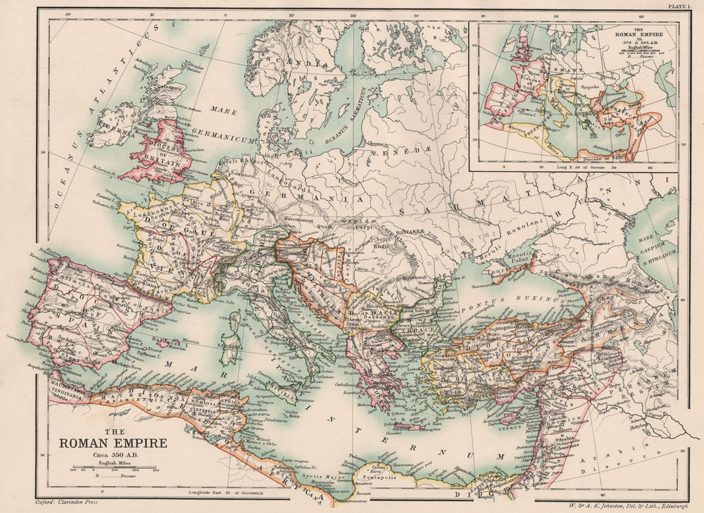 LATE ROMAN EMPIRE 350 AD. Inset in 379 & 395 AD. 4th century 1902 old map