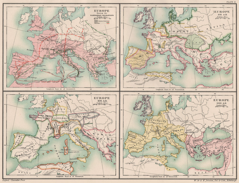 DARK AGES EUROPE. Barbarian Migrations; 451 476 500 AD. 5th century 1902 map