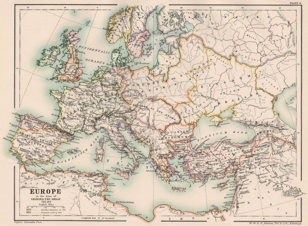 CAROLINGIAN EMPIRE. Europe of Charlemagne 768-814. 8th-9th century 1902 map