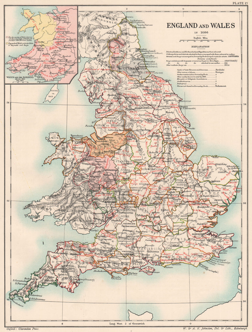 NORMAN BRITAIN 1086. England & Wales of Domesday book. Borders 1185 1902 map