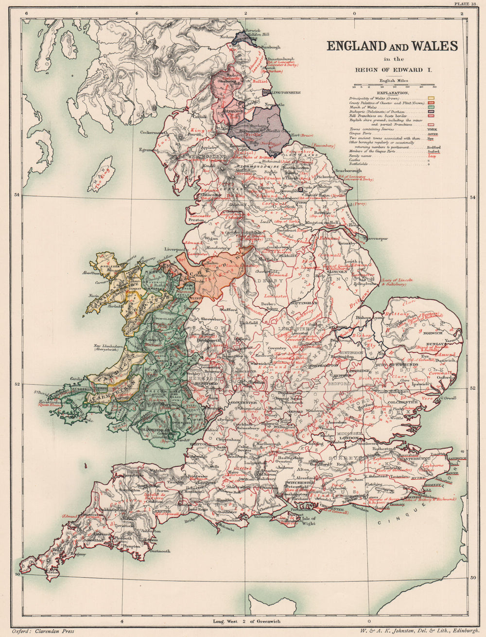 ENGLAND & WALES OF KING EDWARD I. Family names shires battles 1902 old map