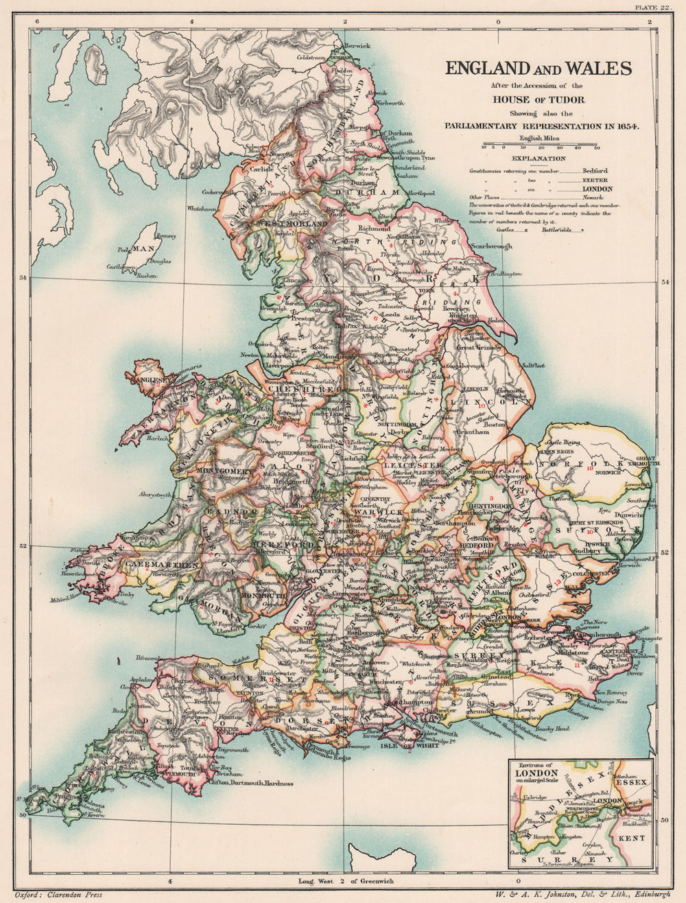 TUDOR BRITAIN. England Wales 1654. Parliamentary representation 1654 1902 map