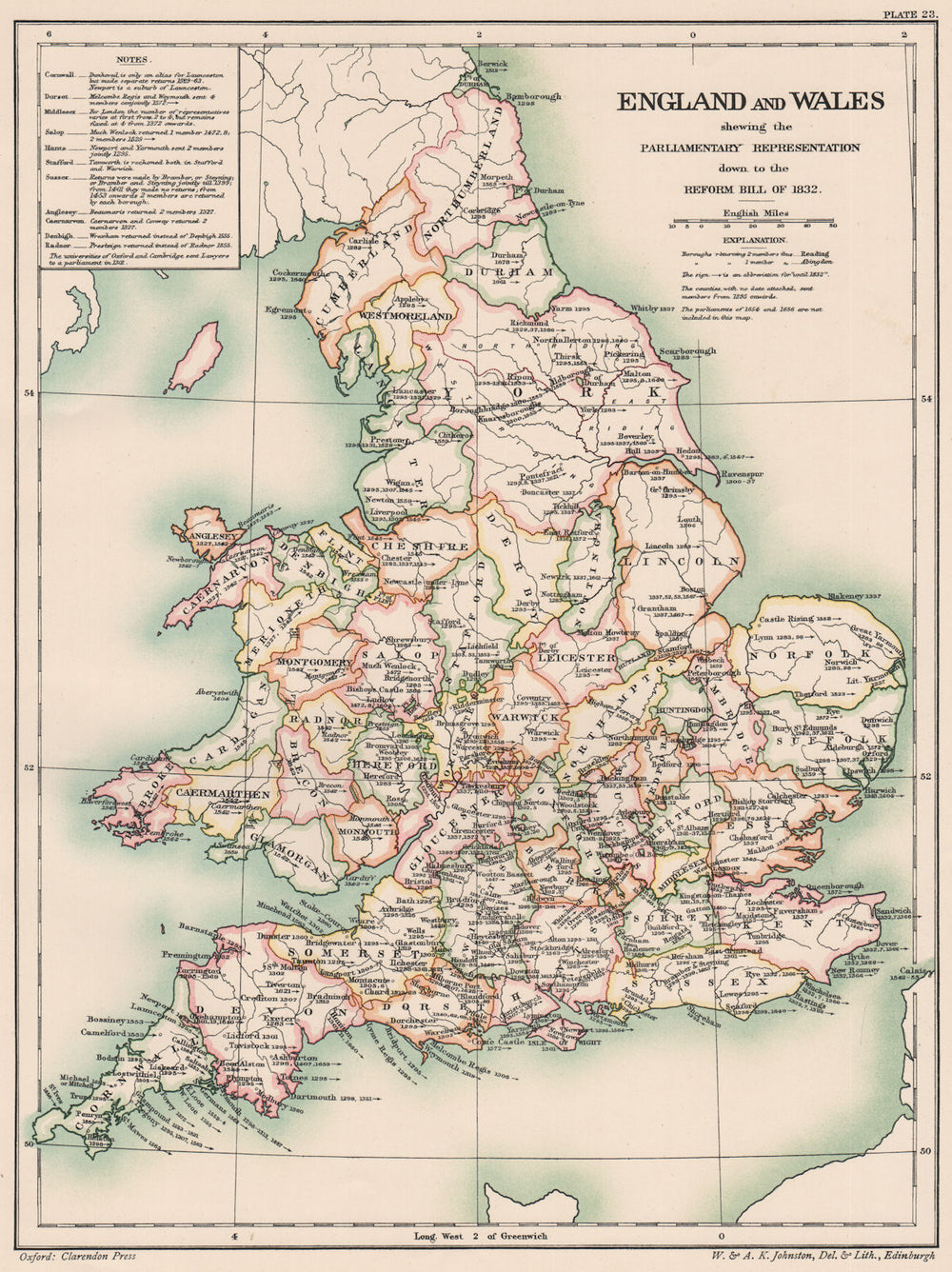 ENGLAND & WALES < 1832. Parliamentary representation pre reform bill 1902 map