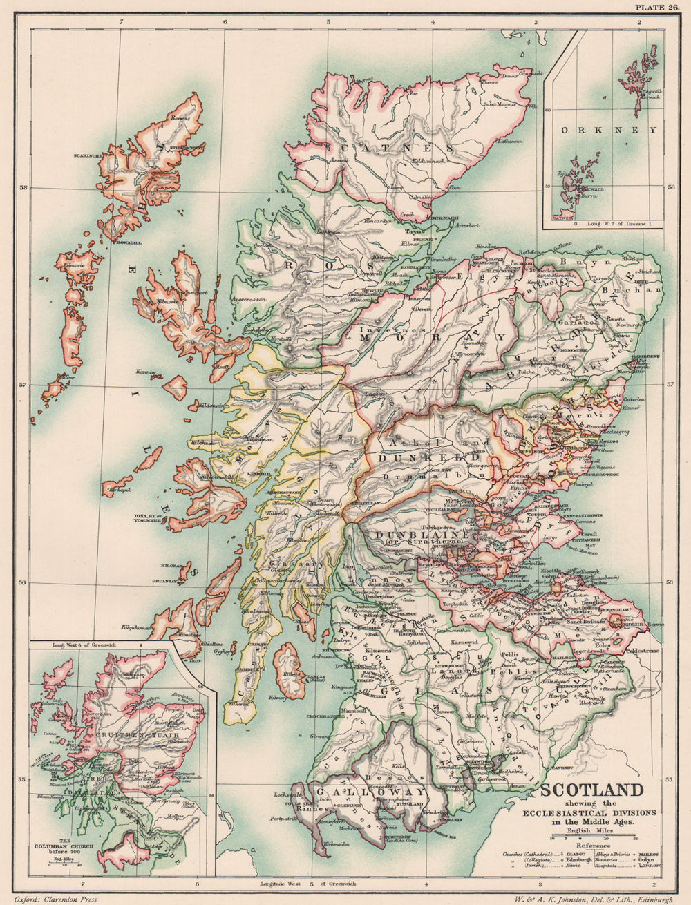 MEDIEVAL SCOTLAND. Ecclesiastical divisions. Columbian Church < 700AD 1902 map