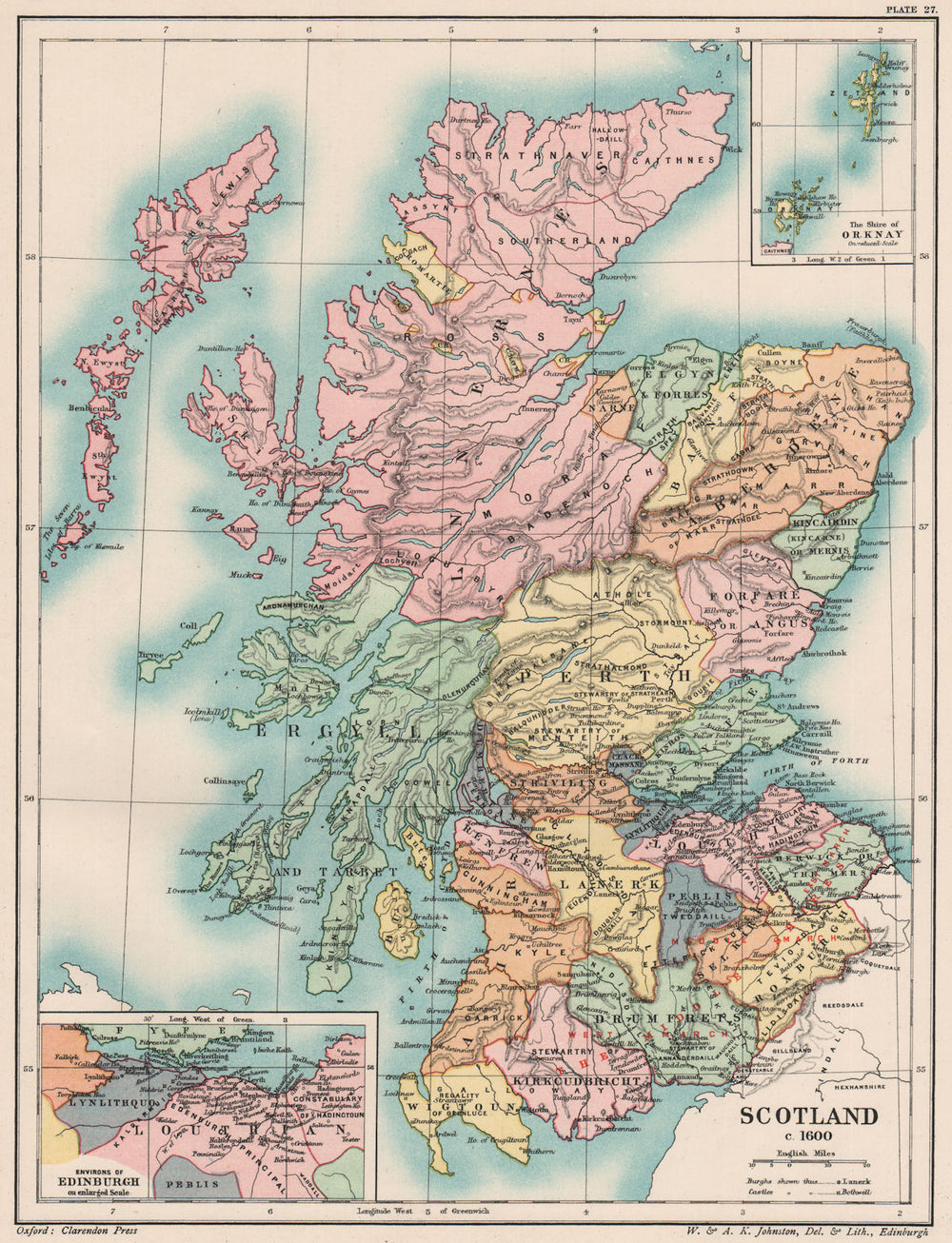 SCOTLAND C1600. 17th century. Shire of Orknay. Inset Edinburgh 1902 old map