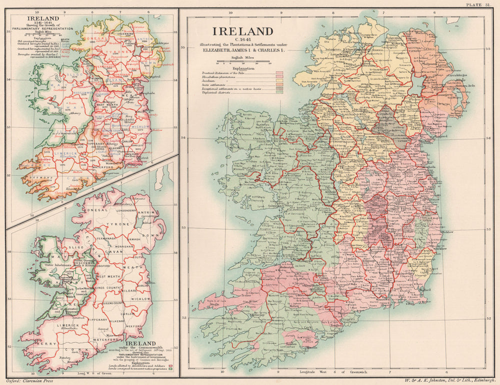 IRELAND 1541-1641.Plantations Settlements.Parliamentary representation 1902 map