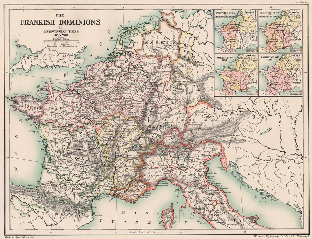 MEROVINGIAN EMPIRE 486-768. Frankish Dominions. Partitions 511 561 587 1902 map