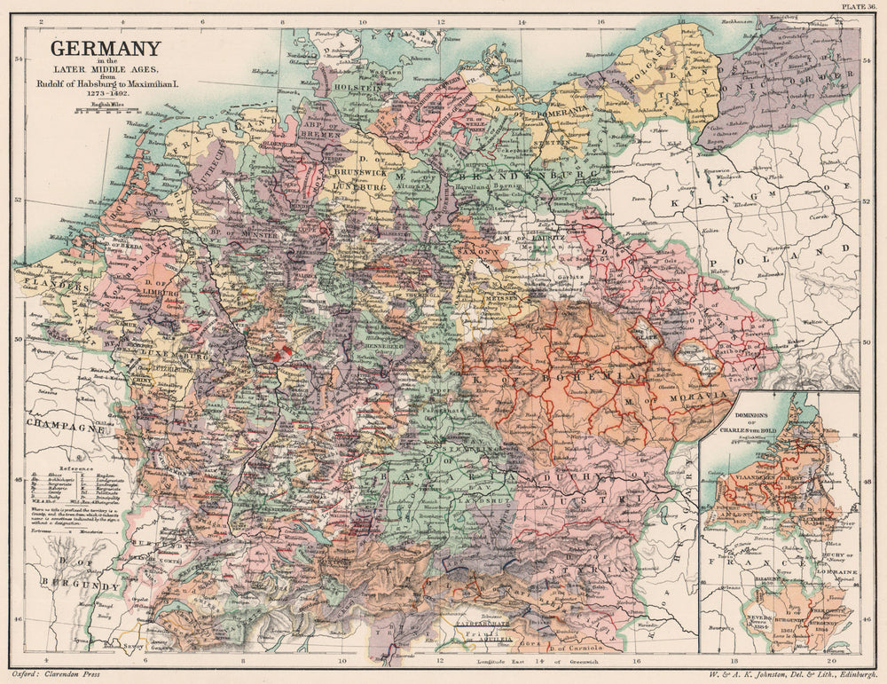 MEDIEVAL GERMANY. Rudolf Habsburg-Maximilian 1273-1492. Charles Bold 1902 map