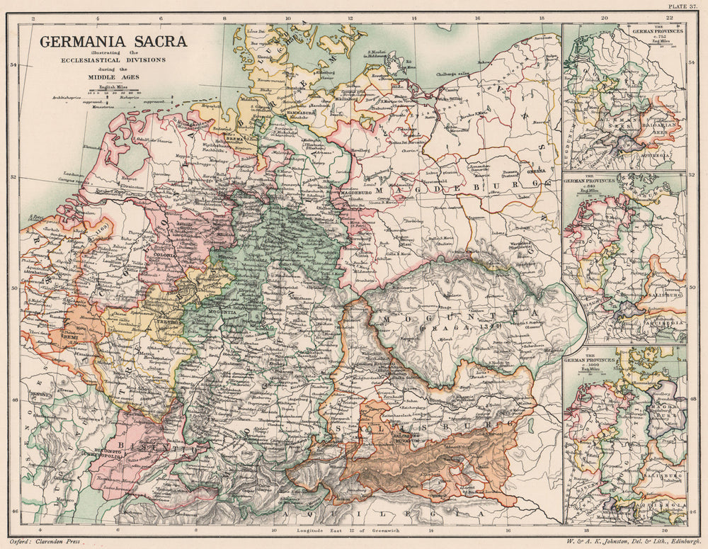 GERMANIA SACRA.Medieval eccl.divisions.Germany provinces 752 840 1000 1902 map