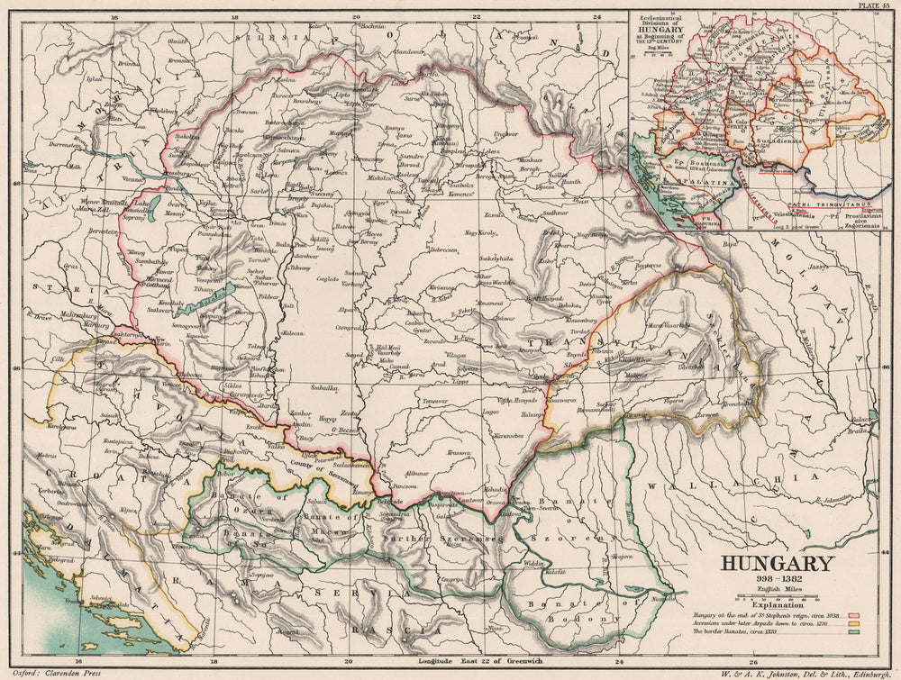 HUNGARY 998-1382. inset Ecclesiastical divisions c1200 1902 old antique map