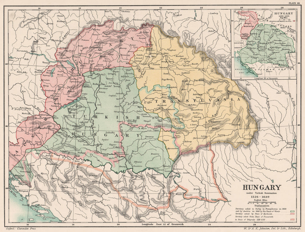 HUNGARY 1526-1699. under Turkish domination. Inset in 1396-1526 1902 old map