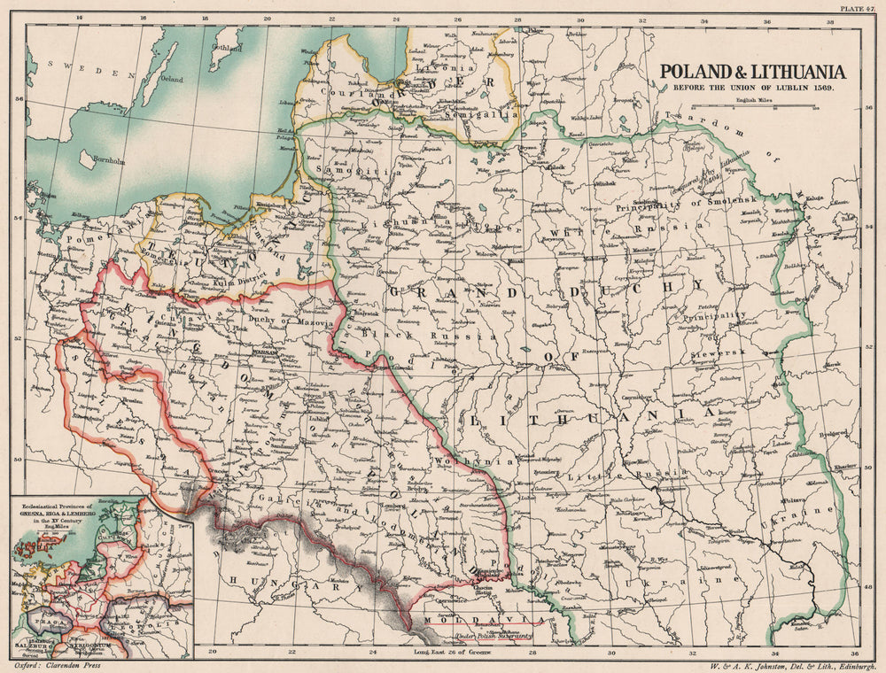 POLAND LITHUANIA 1569. union Lublin. 15C provinces Gnesna Riga Lviv 1902 map