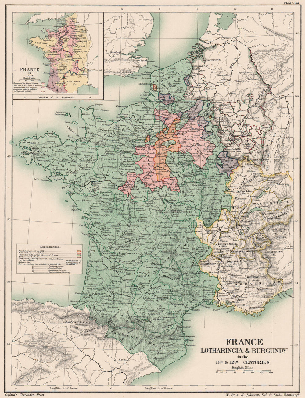 11TH & 12TH CENTURY FRANCE. Lotharingia & Burgundy. Inset in 1223 1902 old map