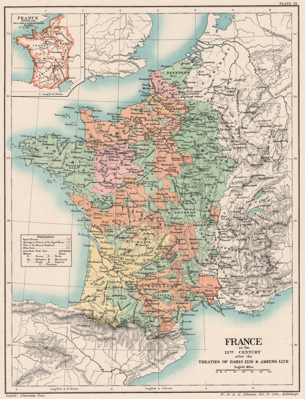 13C FRANCE.Treaties of Paris 1259 Amiens 1279.Baillages & Senechaussées 1902 map
