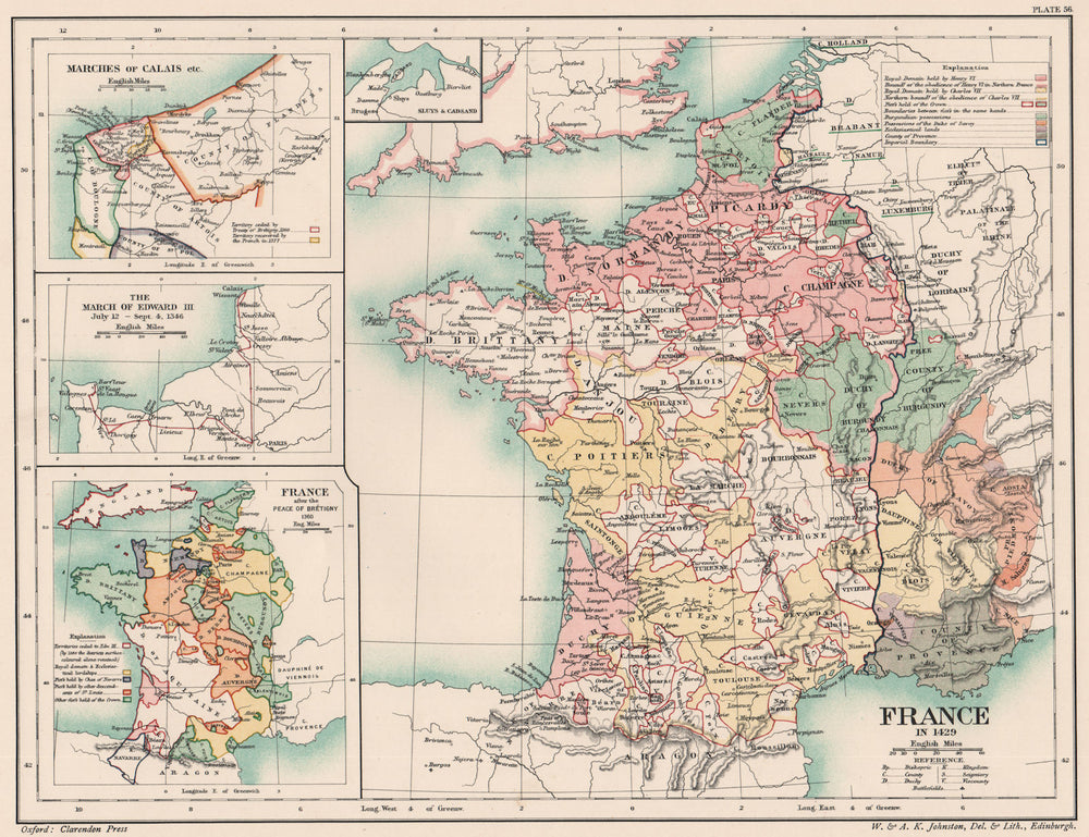 14-15C FRANCE. 1429. Marches Calais Edward 3 1346; Peace Brétigny 1360 1902 map