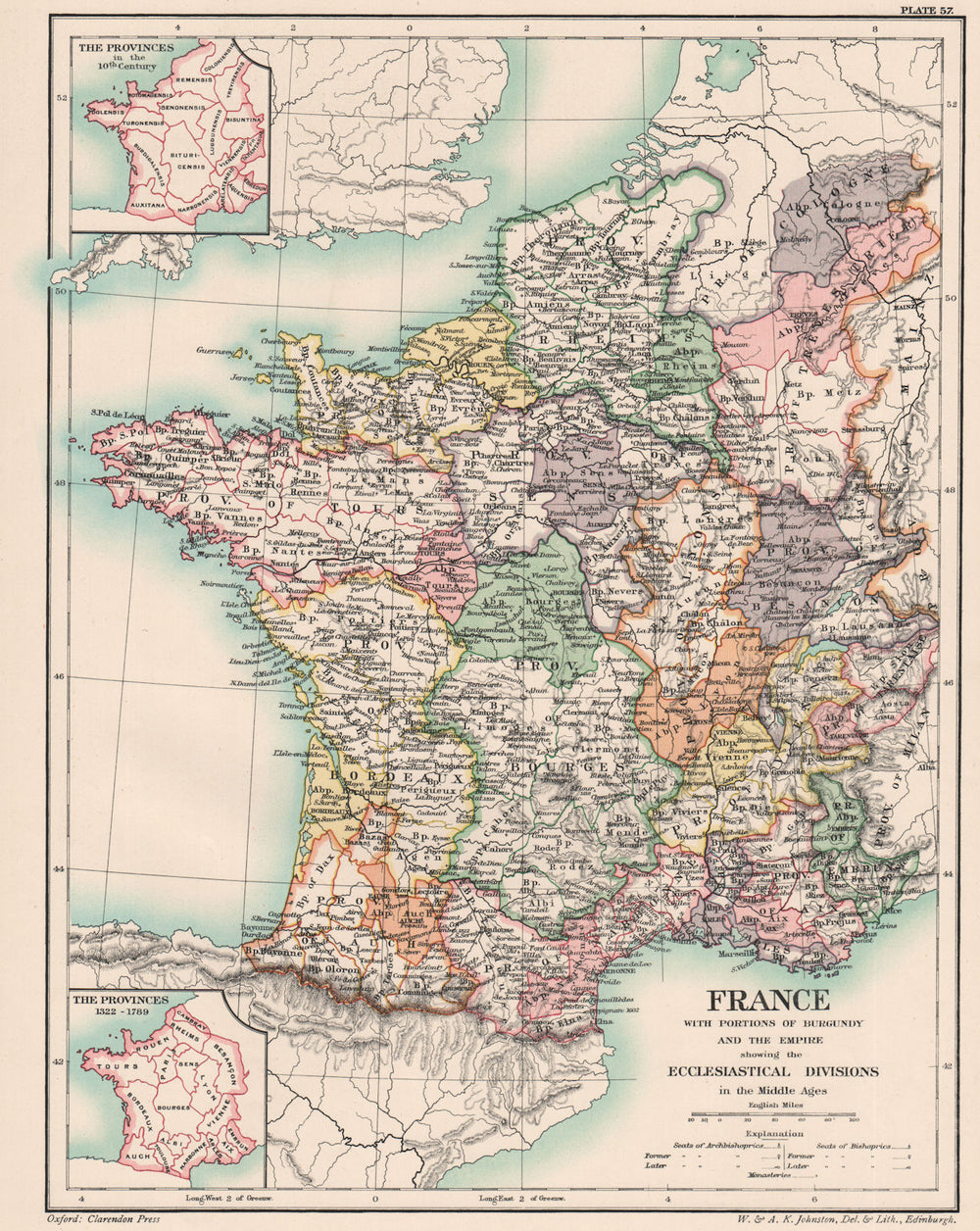 FRANCE.Burgundy & Empire.Medieval ecclesiastical division.10C provinces 1902 map