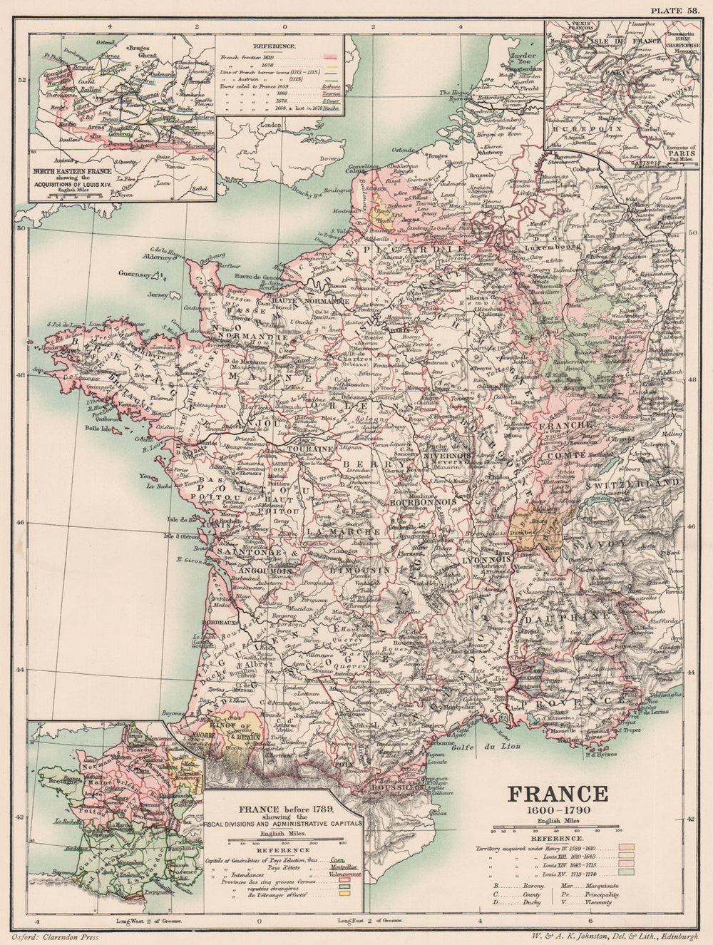 FRANCE 1600-1790. Louis XIV acquisition. < 1789 divisions 1902 old antique map