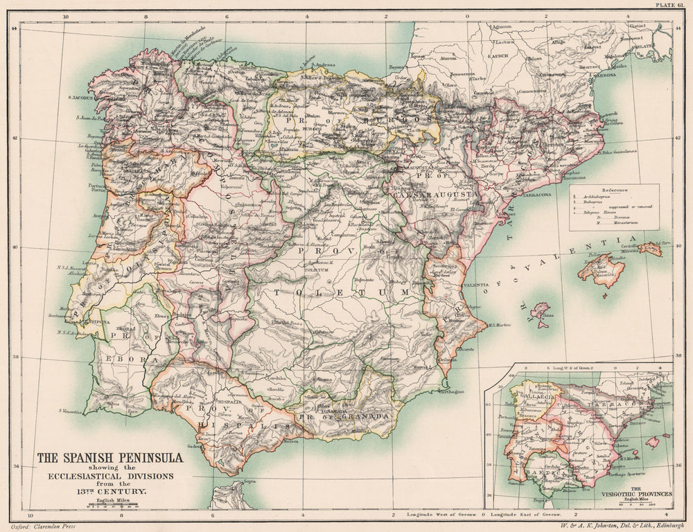 ECCLESIASTICAL IBERIA.13th century divisions.Visigothic Provinces.Spain 1902 map