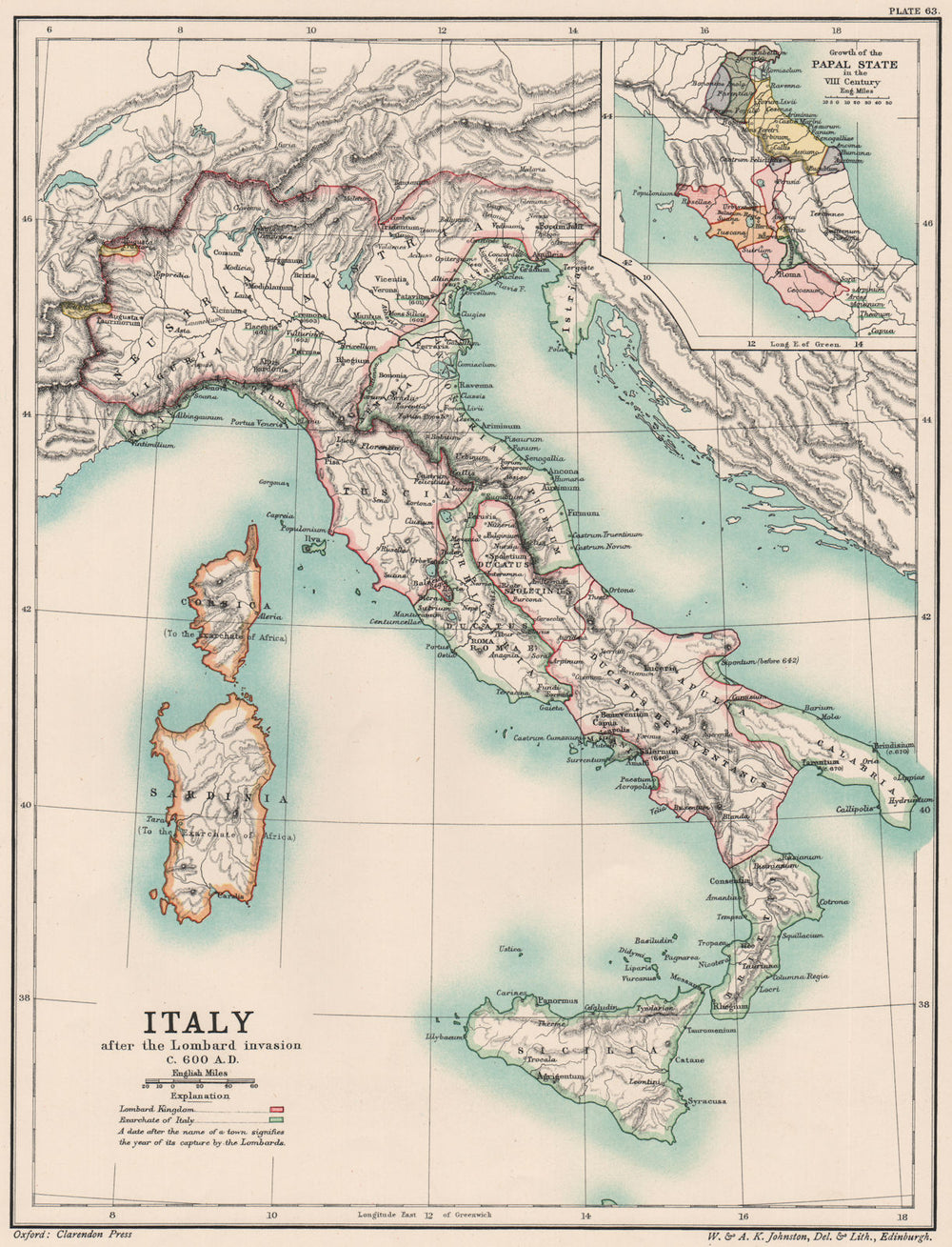 ITALY 600AD. after Lombard invasion. 8th Century Papal States growth 1902 map