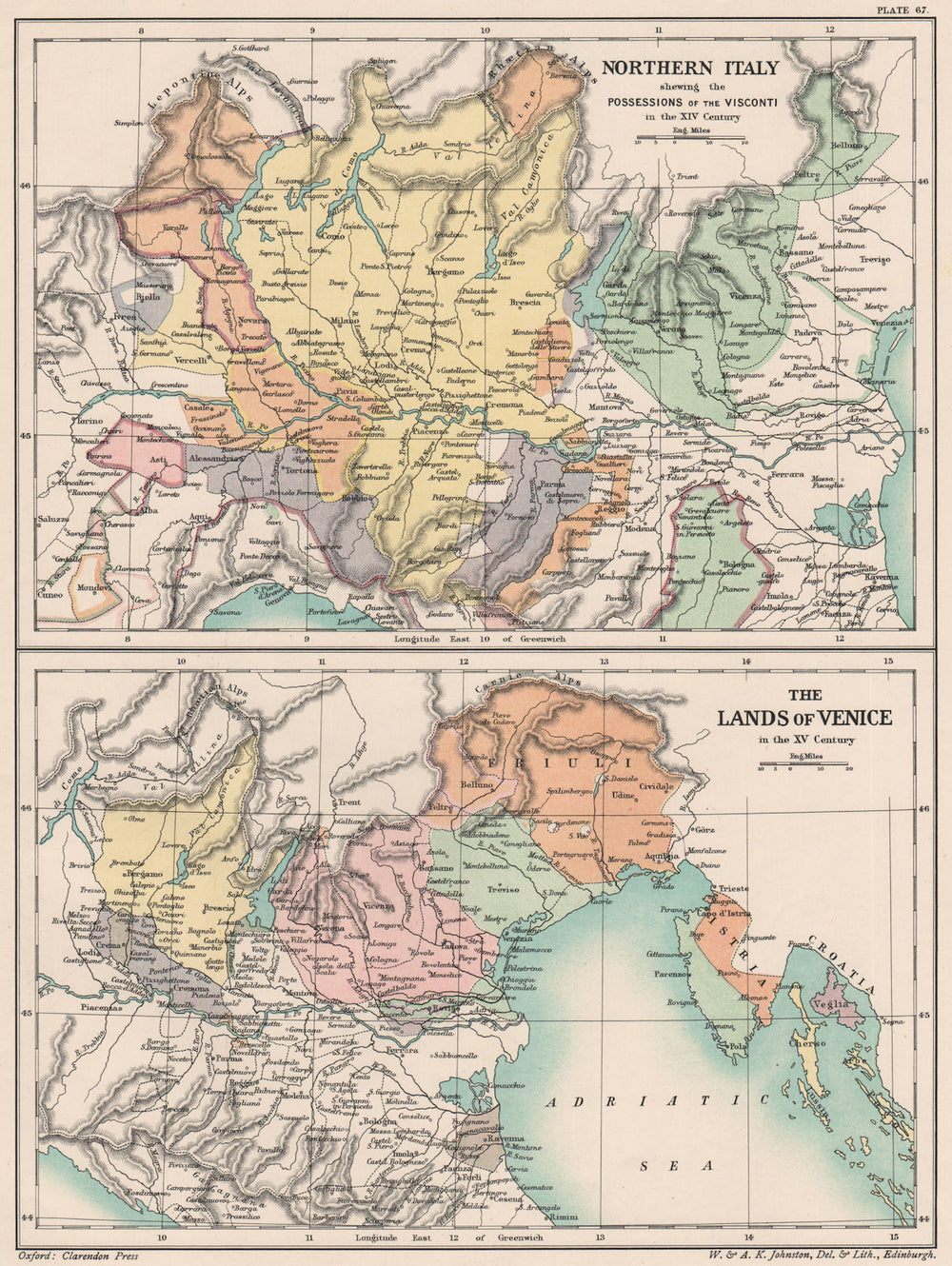 NORTHERN ITALY. Visconti's possessions 14C; Republic of Venice 15C 1902 map
