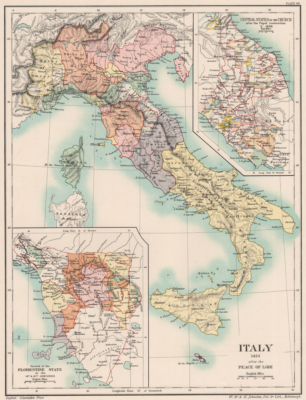 ITALY 1454. Post Peace Lodi. Papal States 1430. Florentine State 14-15C 1902 map