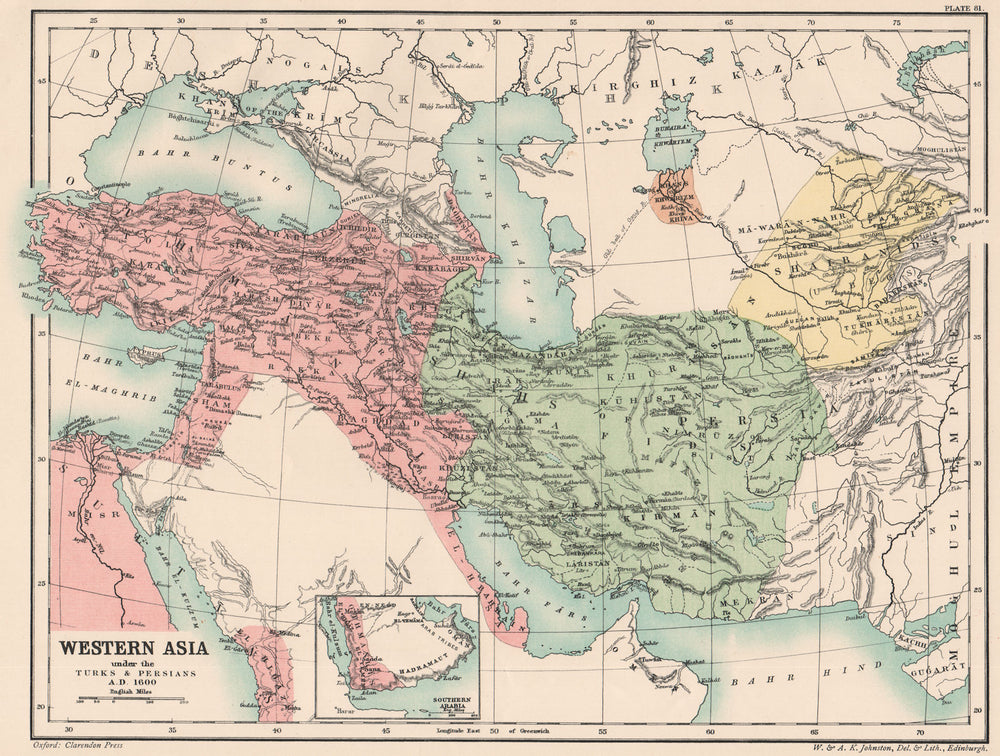 WESTERN ASIA IN 1600 AD. under the Turks & Persians 1902 old antique map chart