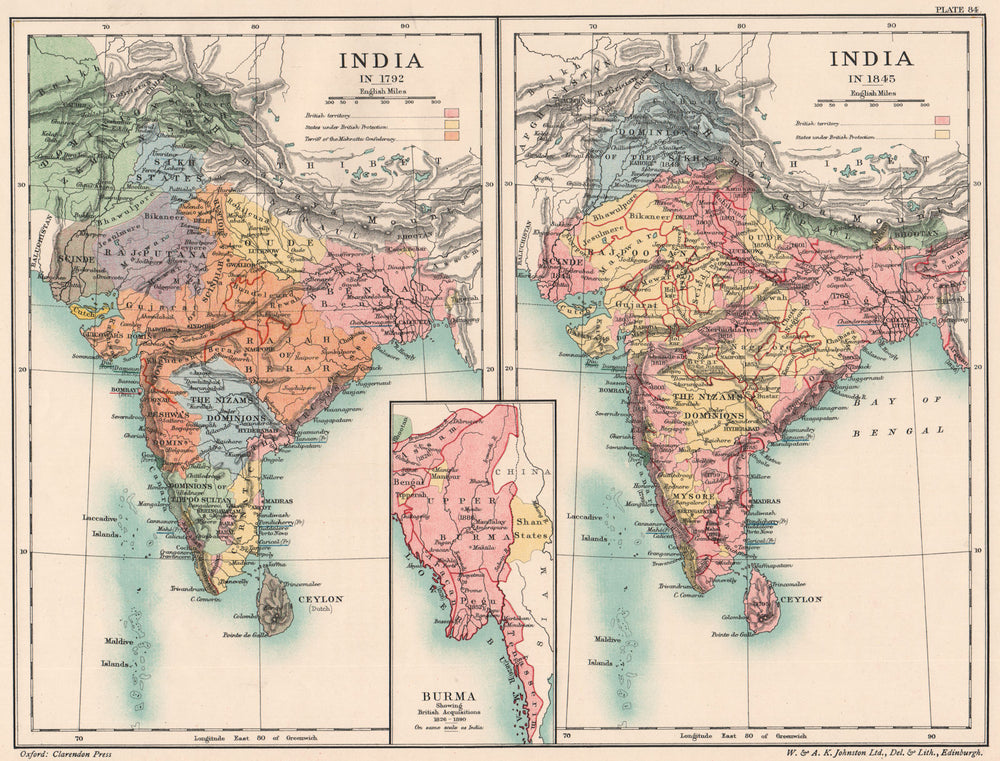 INDIA SHOWING BRITISH EXPANSION. in 1792 & 1845. Burma 1826-1890 1902 old map