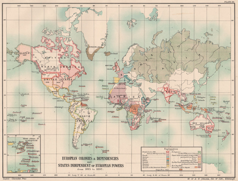 EUROPEAN COLONIES/DEPENDENCIES. World from 1815-1897. 19th Century 1902 map