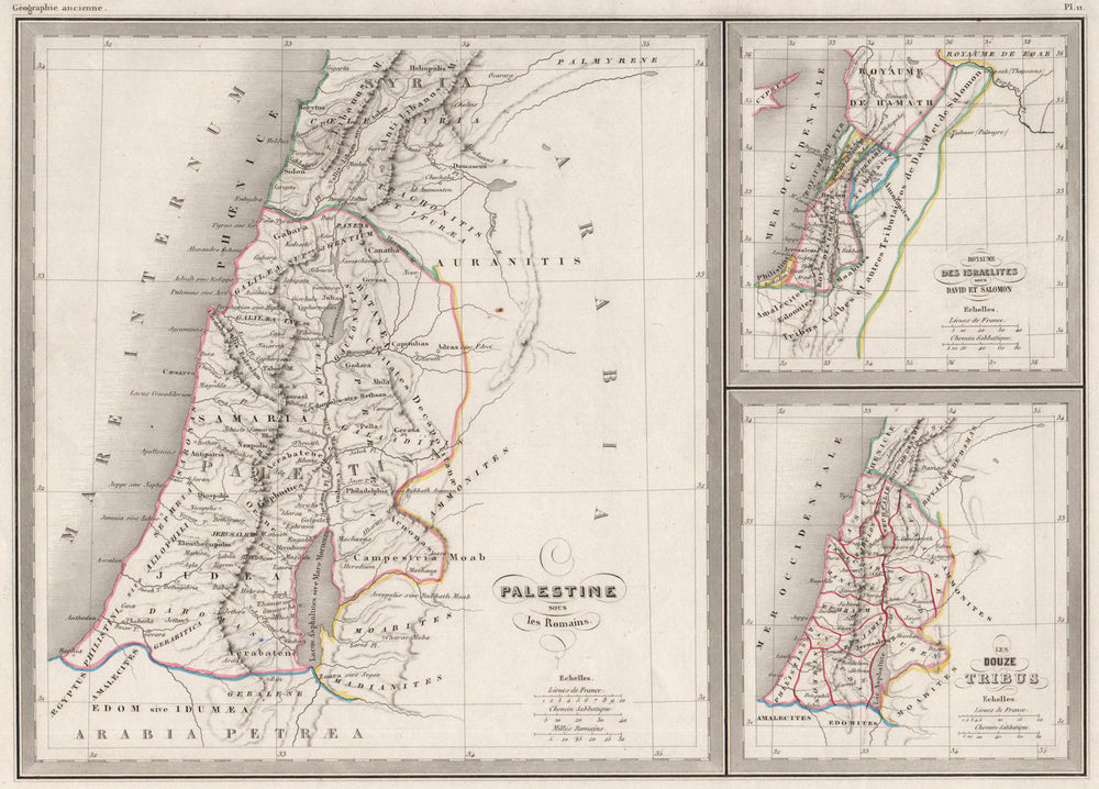 PALESTINE.under Romans.Israel of David & Solomon;12 Tribes.MALTE-BRUN c1846 map
