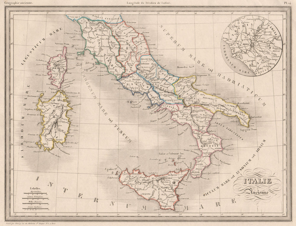 ANCIENT ITALY. Italie ancienne. Original outline colour. MALTE-BRUN c1846 map