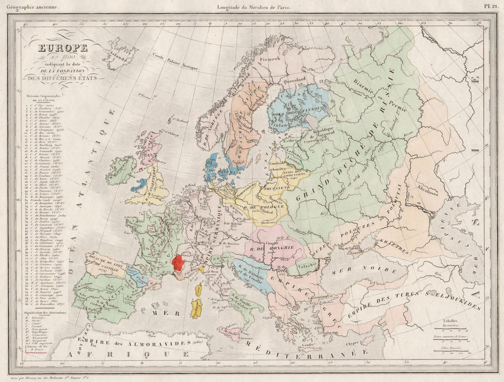 EUROPE IN 1100. showing date of foundation of each state. MALTE-BRUN c1846 map