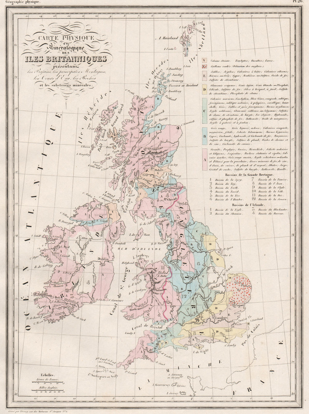 BRITISH ISLES GEOLOGY. minéralogique Iles Britanniques. MALTE-BRUN c1846 map