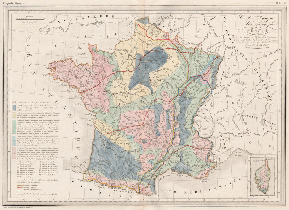 FRANCE GEOLOGY. Carte physique et géologique de la France. MALTE-BRUN c1846 map