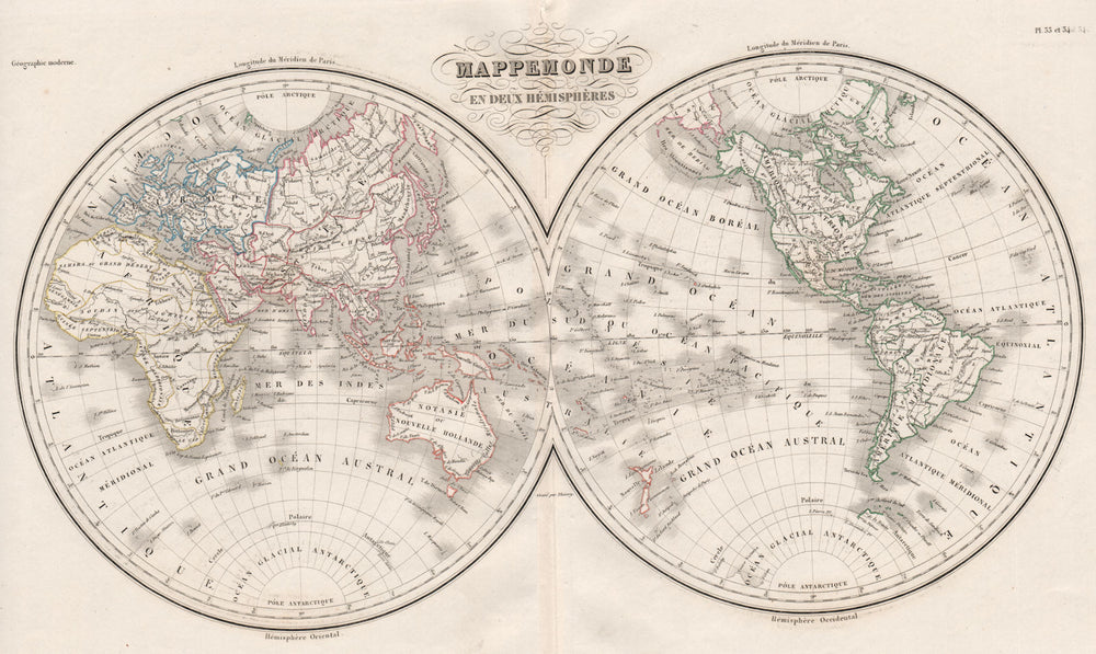 WORLD. Mappemonde. Twin Hemispheres. Mexican Texas. MALTE-BRUN c1846 old
