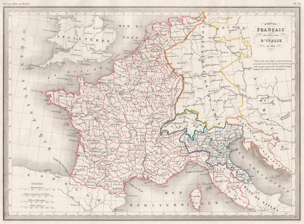 NAPOLEONIC EMPIRE 1812 Empire Français & Royaume d'Italie. MALTE-BRUN c1846 map
