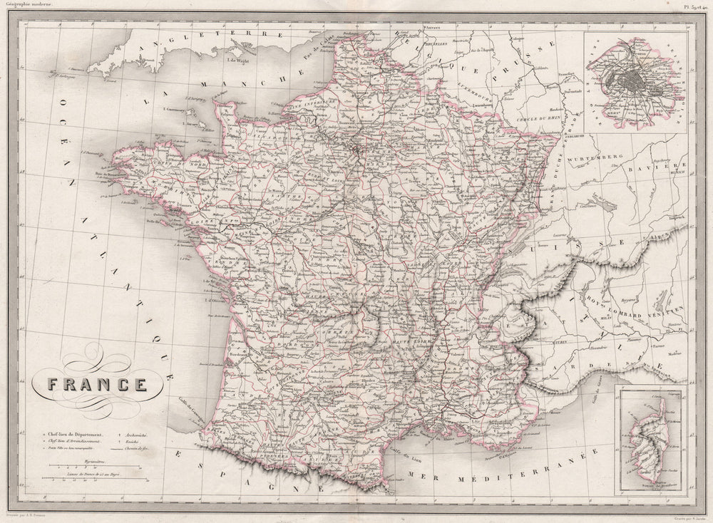 FRANCE. in departements. Original outline colour. MALTE-BRUN c1846 old map