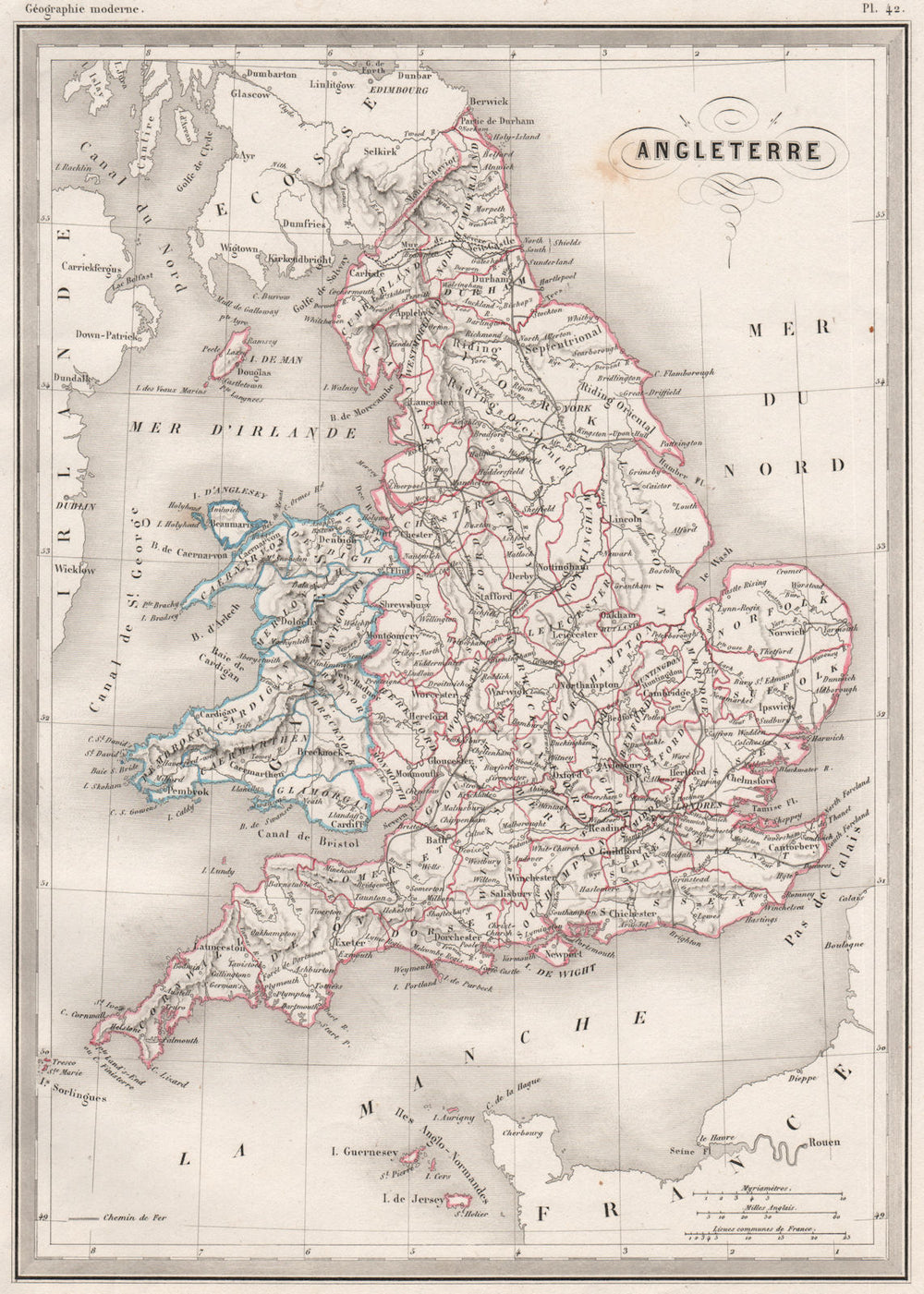 ENGLAND & WALES. Angleterre. Original outline colour. MALTE-BRUN c1846 old map