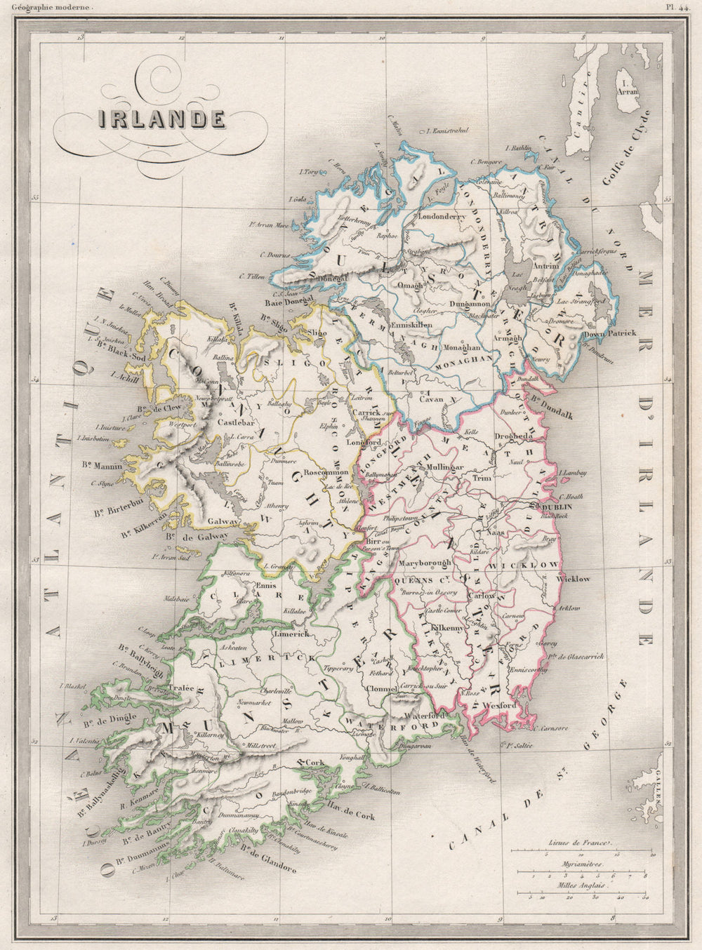 IRELAND. Irelande. Provinces. Original outline colour. MALTE-BRUN c1846 map