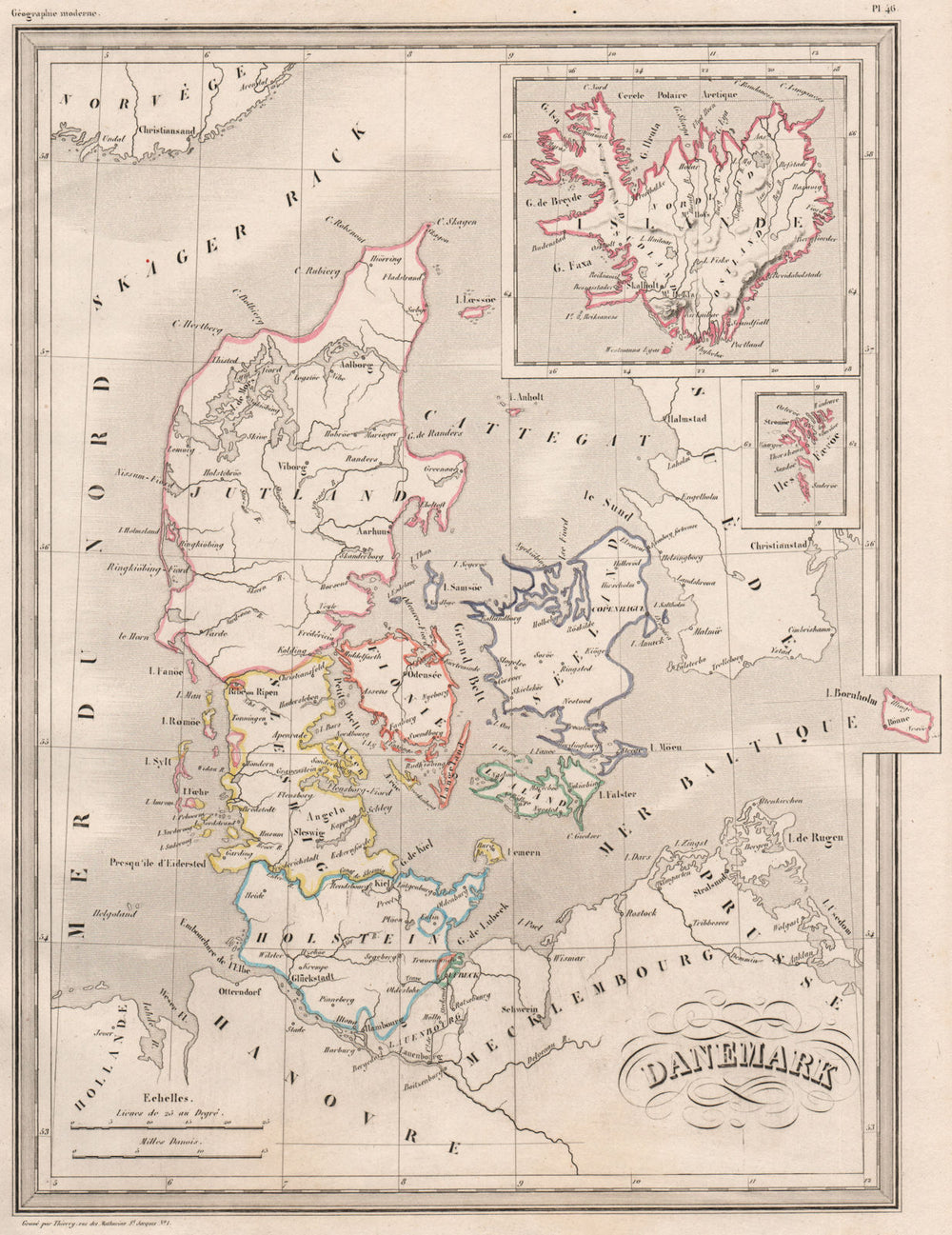 DENMARK & ICELAND Danemark Islande.Original outline colour.MALTE-BRUN c1846 map