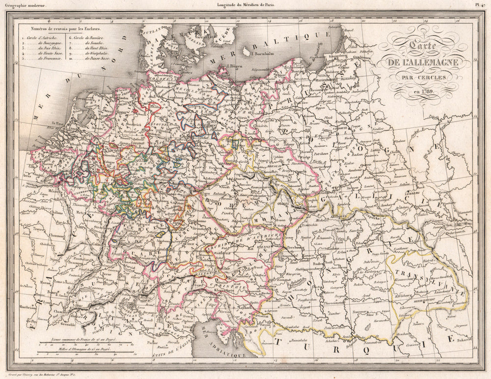 GERMANY 1789 Allemagne par cercles.Original outline colour.MALTE-BRUN c1846 map