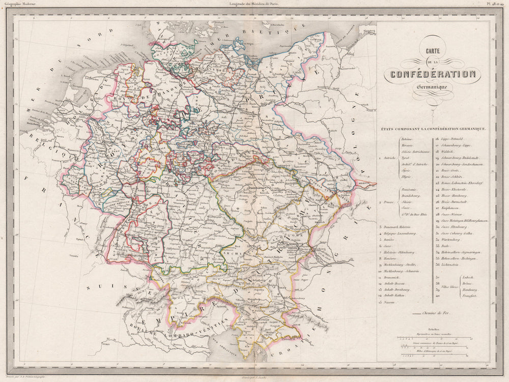 GERMANY. Confédération Germanique. Outline colour. MALTE-BRUN c1846 old map