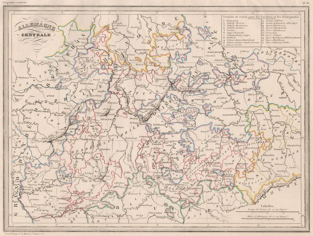 GERMANY CENTRAL.Allemagne centrale.Original outline colour.MALTE-BRUN c1846 map