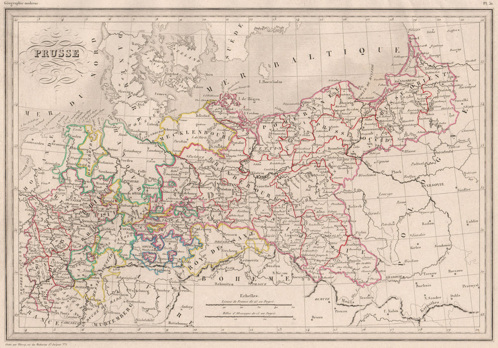 PRUSSIA. Prusse. Original outline colour. MALTE-BRUN c1846 old antique map