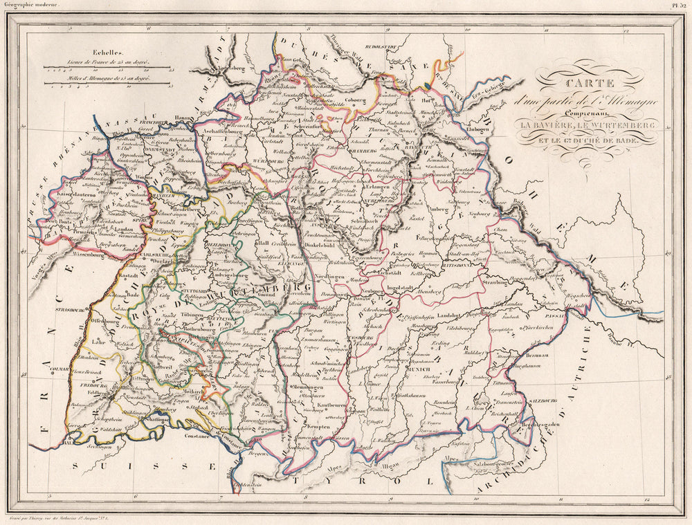 S GERMANY Bavière Württemberg Bavaria Baden.Outline colour.MALTE-BRUN c1846 map