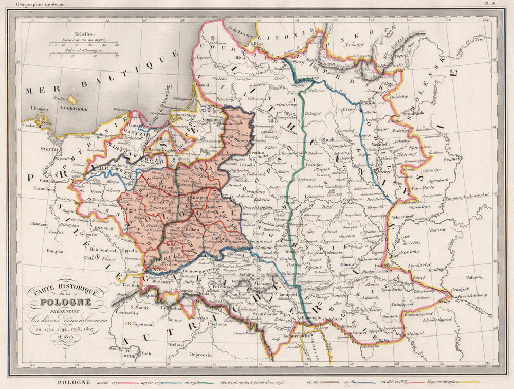 POLAND HISTORICAL Pologne in 1772 1794-5 1807 1815.Colour.MALTE-BRUN c1846 map