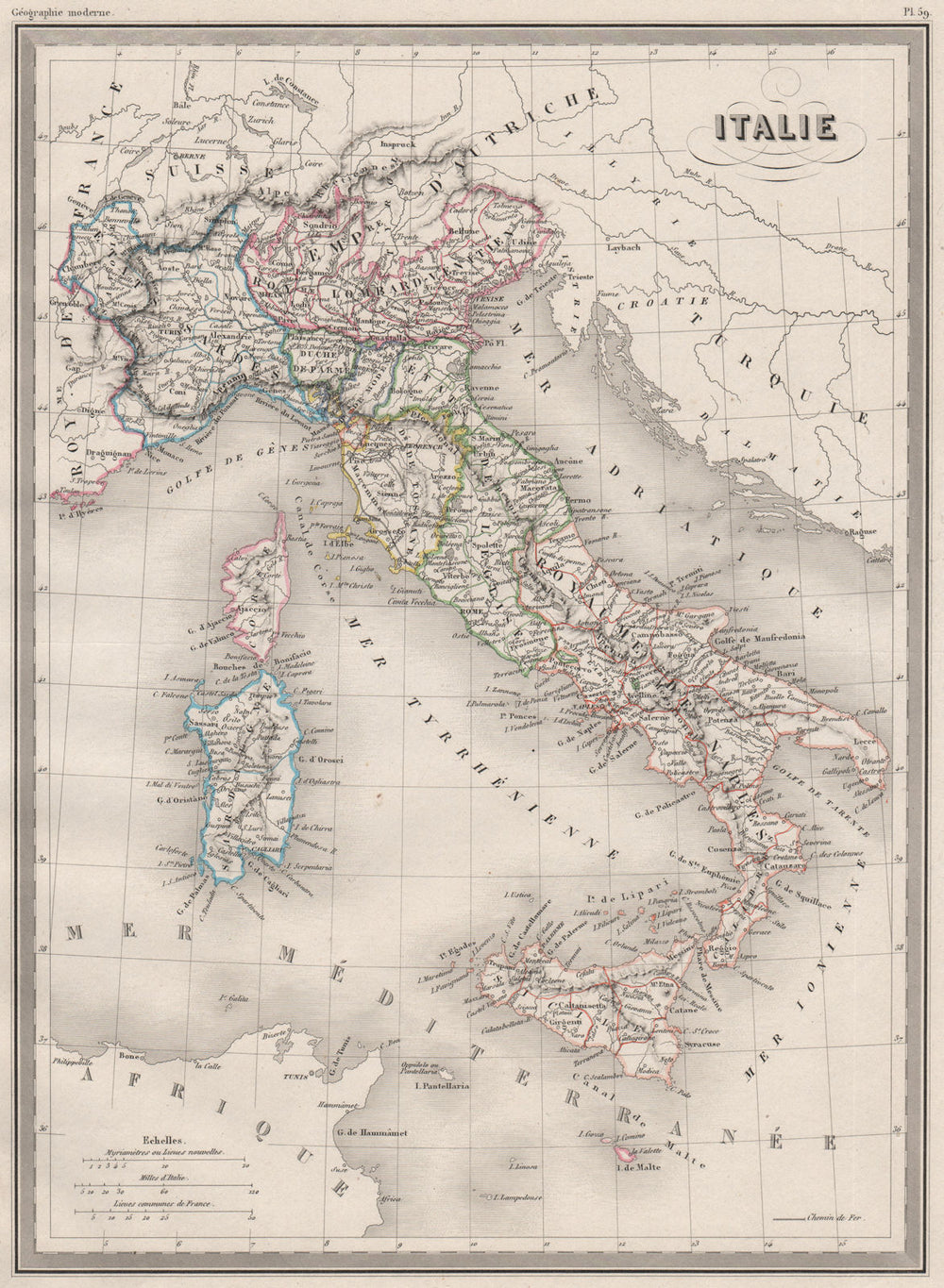 ITALY. Italie. Showing states. Original outline colour. MALTE-BRUN c1846 map