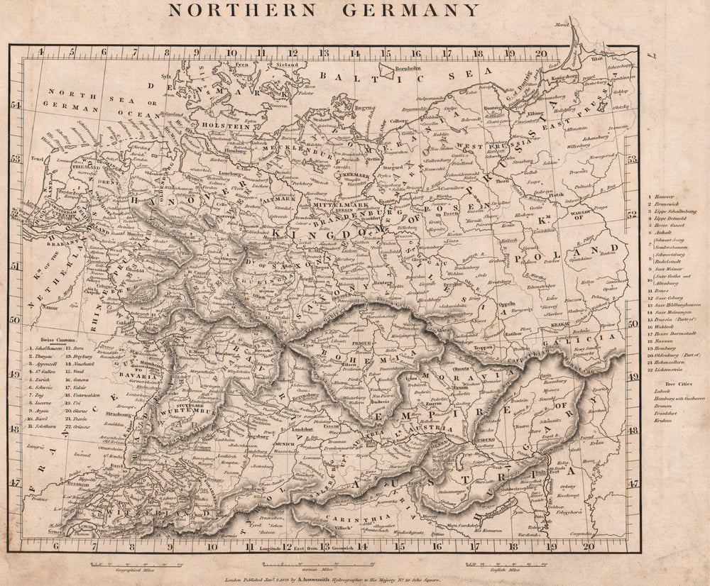 NORTHERN GERMANY. States. Free Cities. Switzerland Austria. ARROWSMITH 1828 map