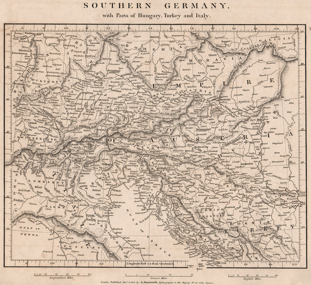 CENT. EUROPE. Southern Germany. Parts Hungary Turkey Italy. ARROWSMITH 1828 map