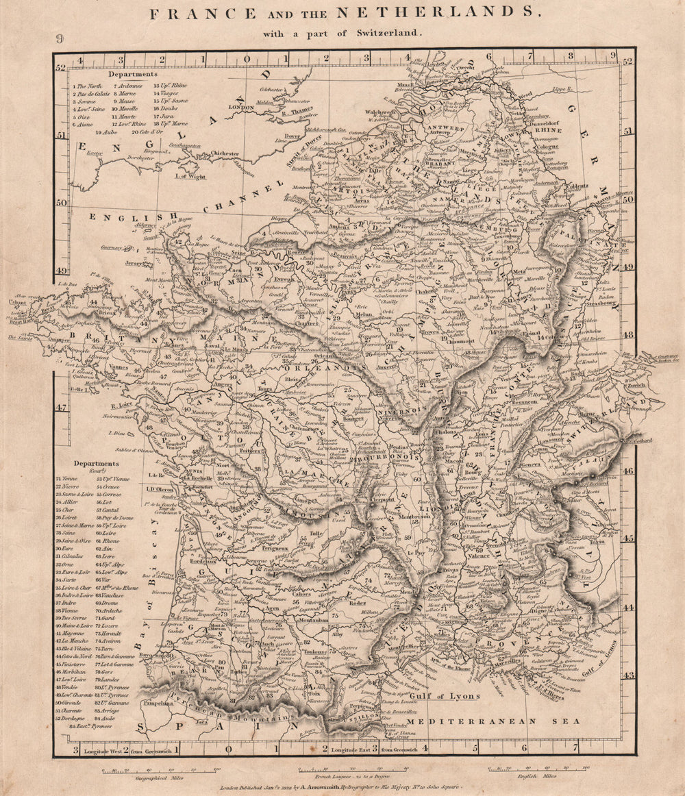 FRANCE & BENELUX. Netherlands, with a part of Switzerland. ARROWSMITH 1828 map